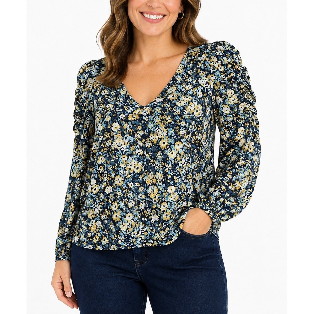 LOFT Womens Floral Puff Sleeve‎ Blouse Size L Blue Yellow Cottagecore Casual